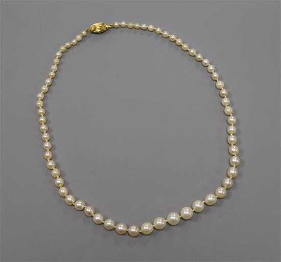A single strand graduated cultured pearl necklace, with 18ct gold clasp, 39cm.
